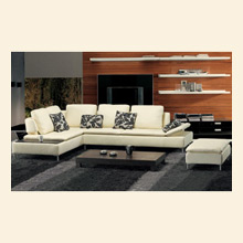 Beige Leather Sectional Sofa and Ottoman Set