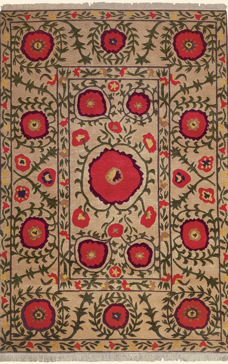 Tibet Rug Company Poppies Beige Hand Knotted Tibetan Wool Rug
