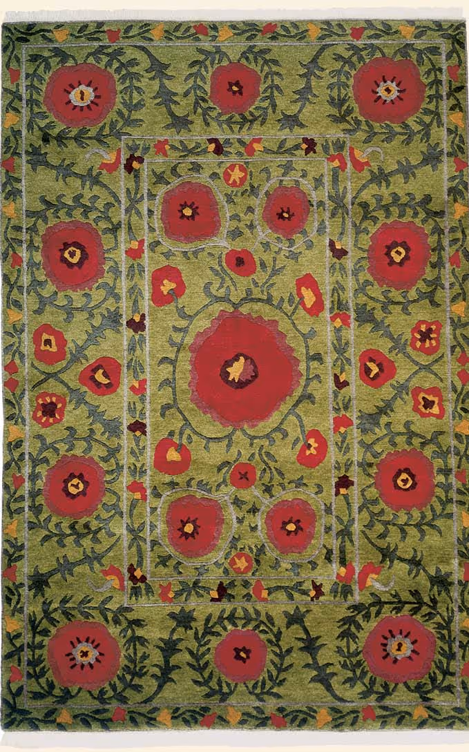 Tibet Rug Company Poppies Green Hand Knotted Tibetan Wool Rug
