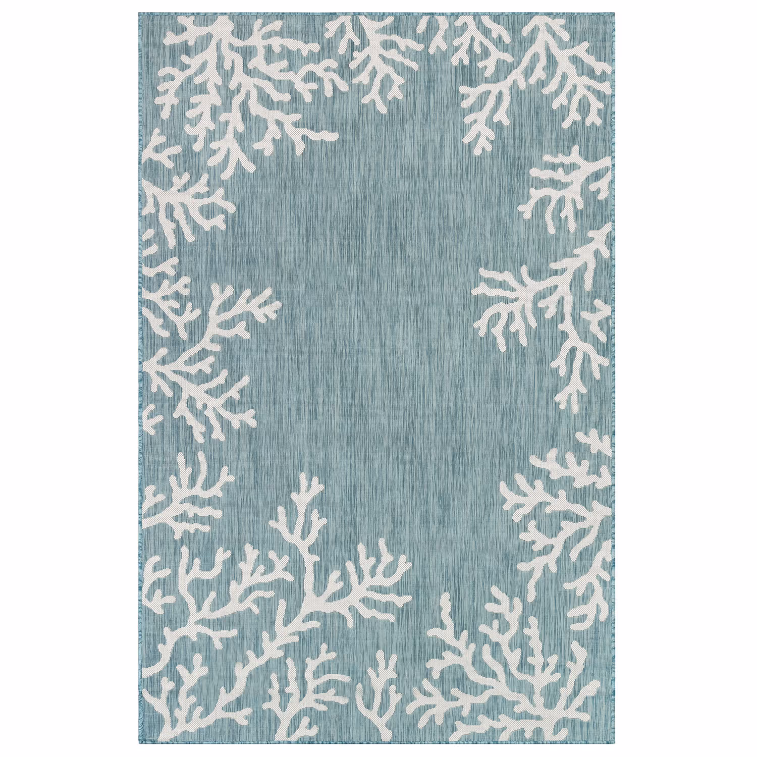 Liora Manne Carmel Low Profile Easy Care Indoor/Outdoor Woven Rug- Coral Border Aqua